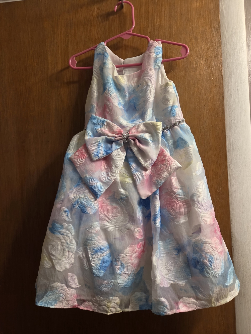 Bonnie Jean Pastel Floral Bow Formal Dress in Blue, Pink, Cream